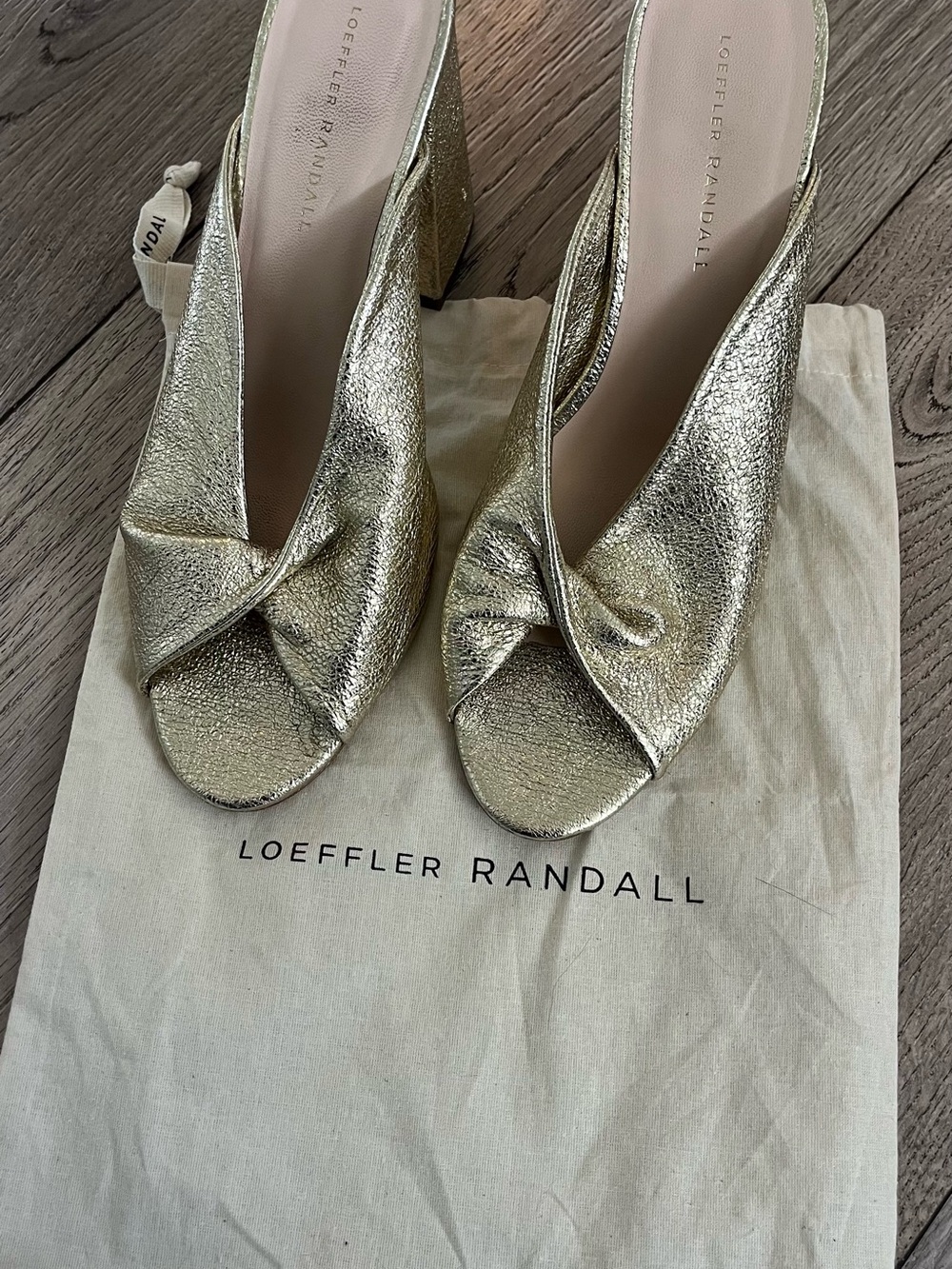 Loeffler Randall Metallic Gold Twist Peep-Toe Heels